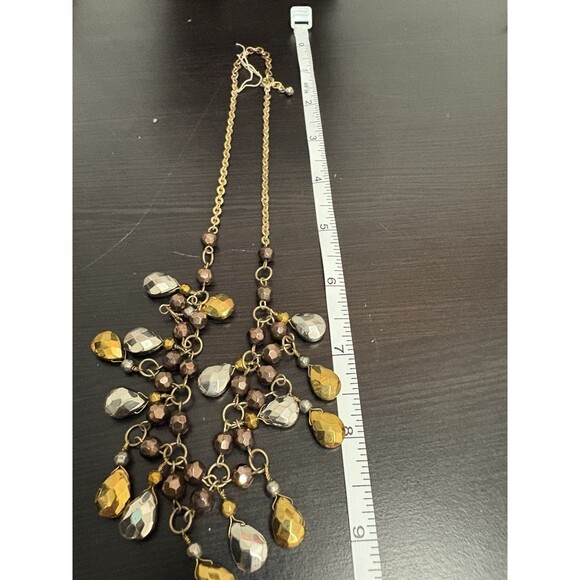 Vintage Bib Necklack Statement Red Orange Brown Silver Beads Costume - Picture 9 of 10